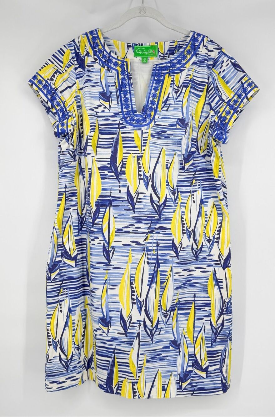 Pappagallo Women Size 12 Sailboat Dress Blue Yellow Nautical Coastal Embroidered